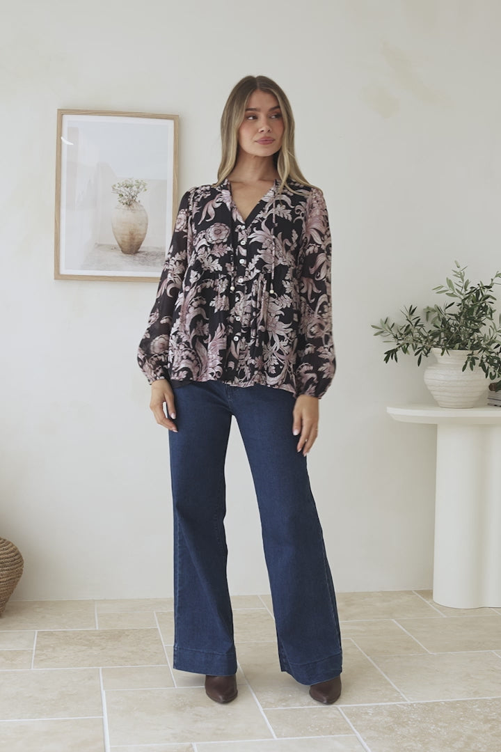 Fiero Blouse - Mandarin Collar Yoke Bust Button Down with Long Sleeves in Pim Print Black