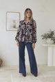 Fiero Blouse - Mandarin Collar Yoke Bust Button Down with Long Sleeves in Pim Print Black