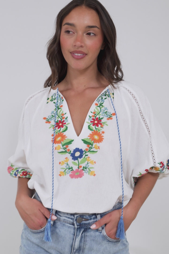 Margerie Top - Floral Embroidered Top with 3/4 Sleeves in White