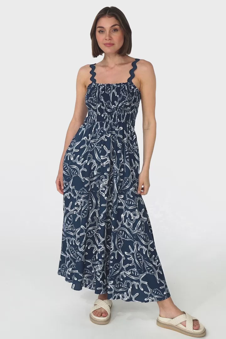 Mel Midi Dress - Rick Rack Strap Elasticated Bodice Sun Dress in Sanaz Print Navy