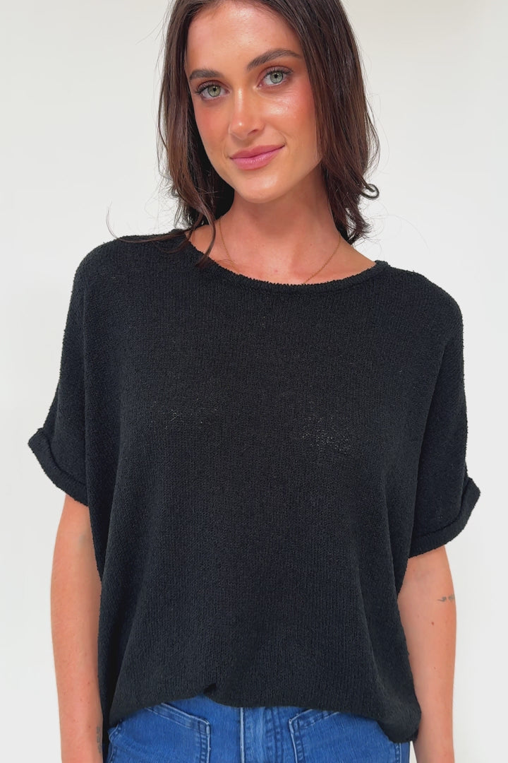 Andre Top - Crew Neck Slouchy Knit Top with Cuffed Short Sleeves in Black