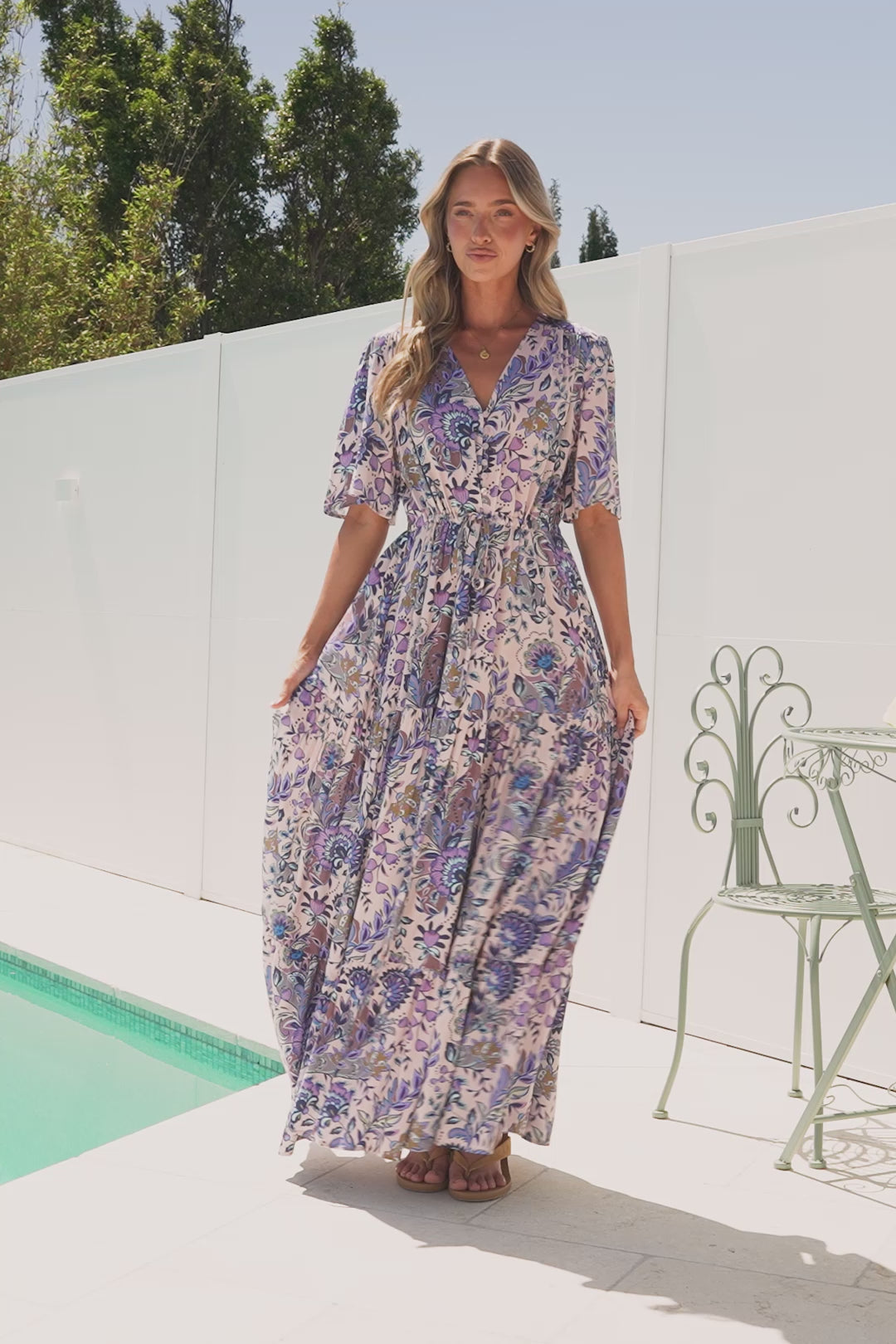 Luann Maxi Dress - V Neck Dress with Drawstring Waist and Flutter Sleeves in Oaklane Print