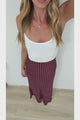 Tellina Maxi Skirt - High Waisted Bias-Cut Maxi Skirt with Lace Trimmed Hem in Wine Polka Dot