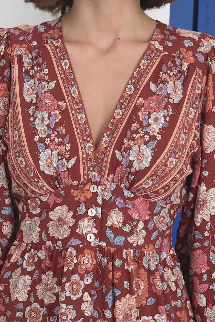Soho Mini Dress - A Line Button Down Tiered Dress in Anissa Print Rust