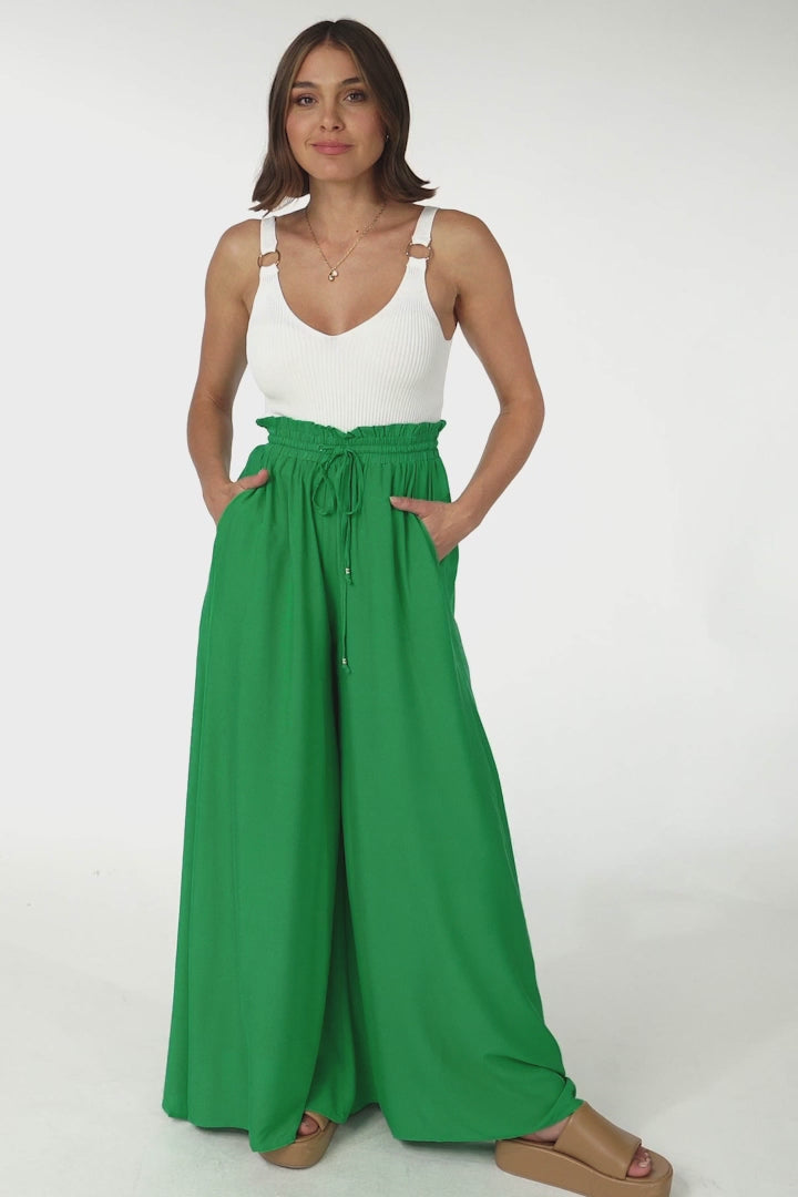 Charli Pants - Paper Bag High Waisted Wide Leg Pants in Green