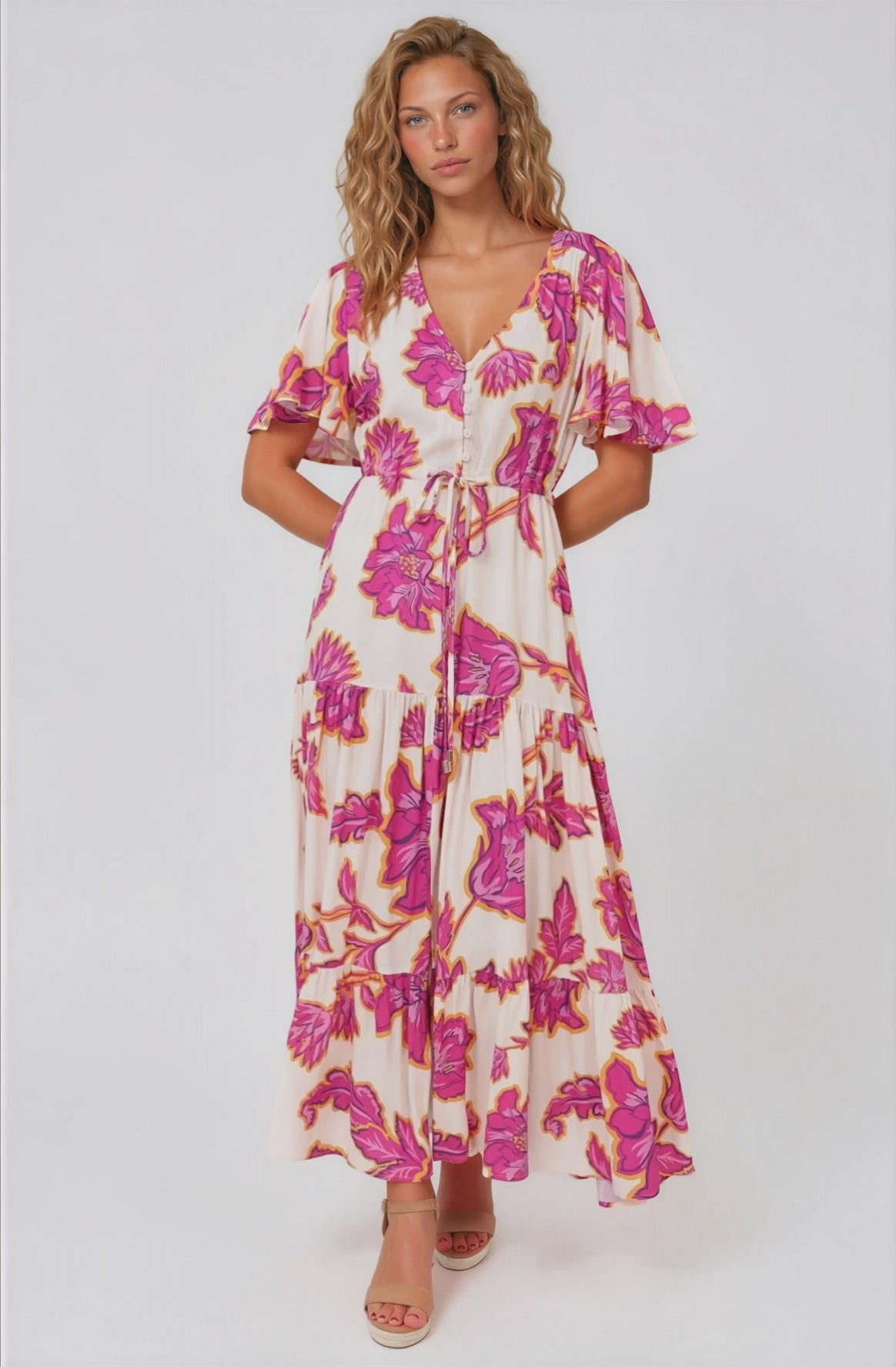Anya Maxi Dress - Flutter Cap Sleeve Pull Tie Waist Dress in Kalia Print Cream