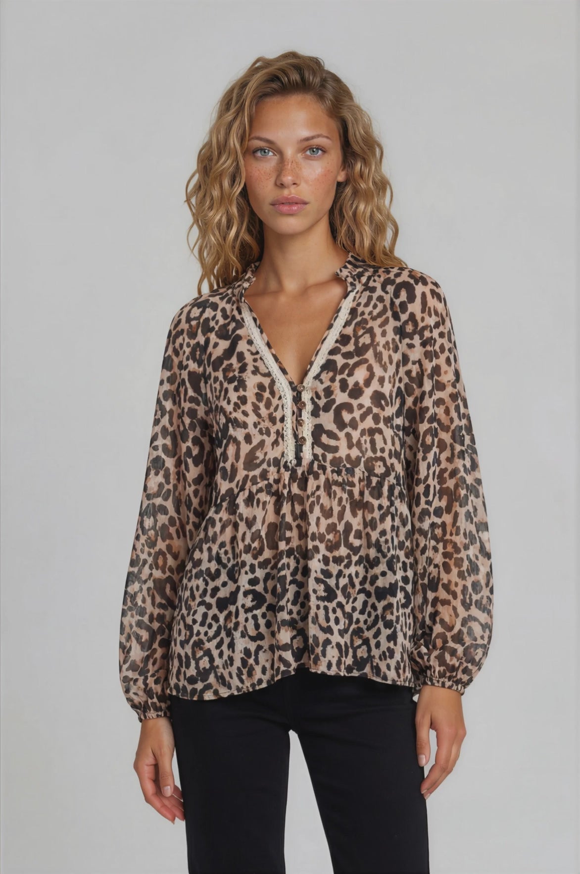 Simona Top - Mandarin Collar Buttoned Bodice Sheer Pull Over with Lace Detail in Rion Print