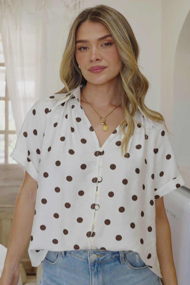 Yohanna Blouse - Collared Button Down in Pacey Spot Coffee