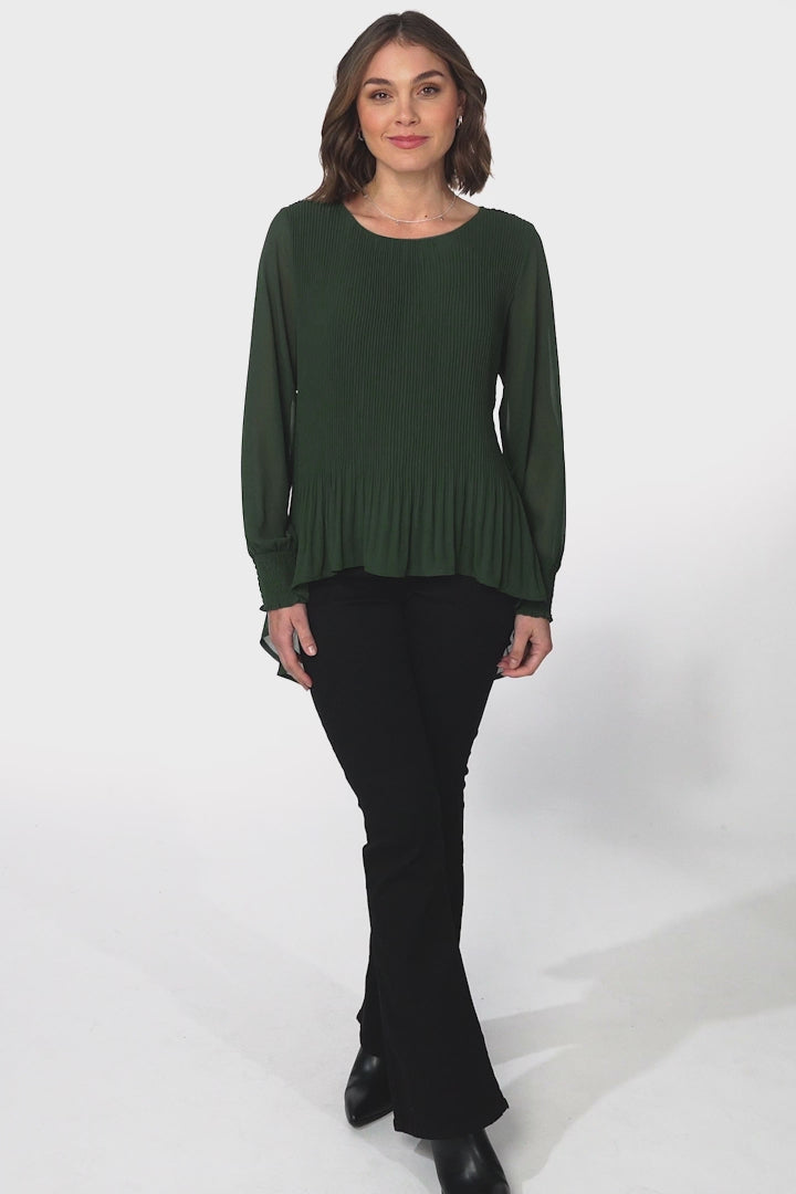 Kayt Blouse - Plisse Long Sleeve Top with High-Low Hemline in Green