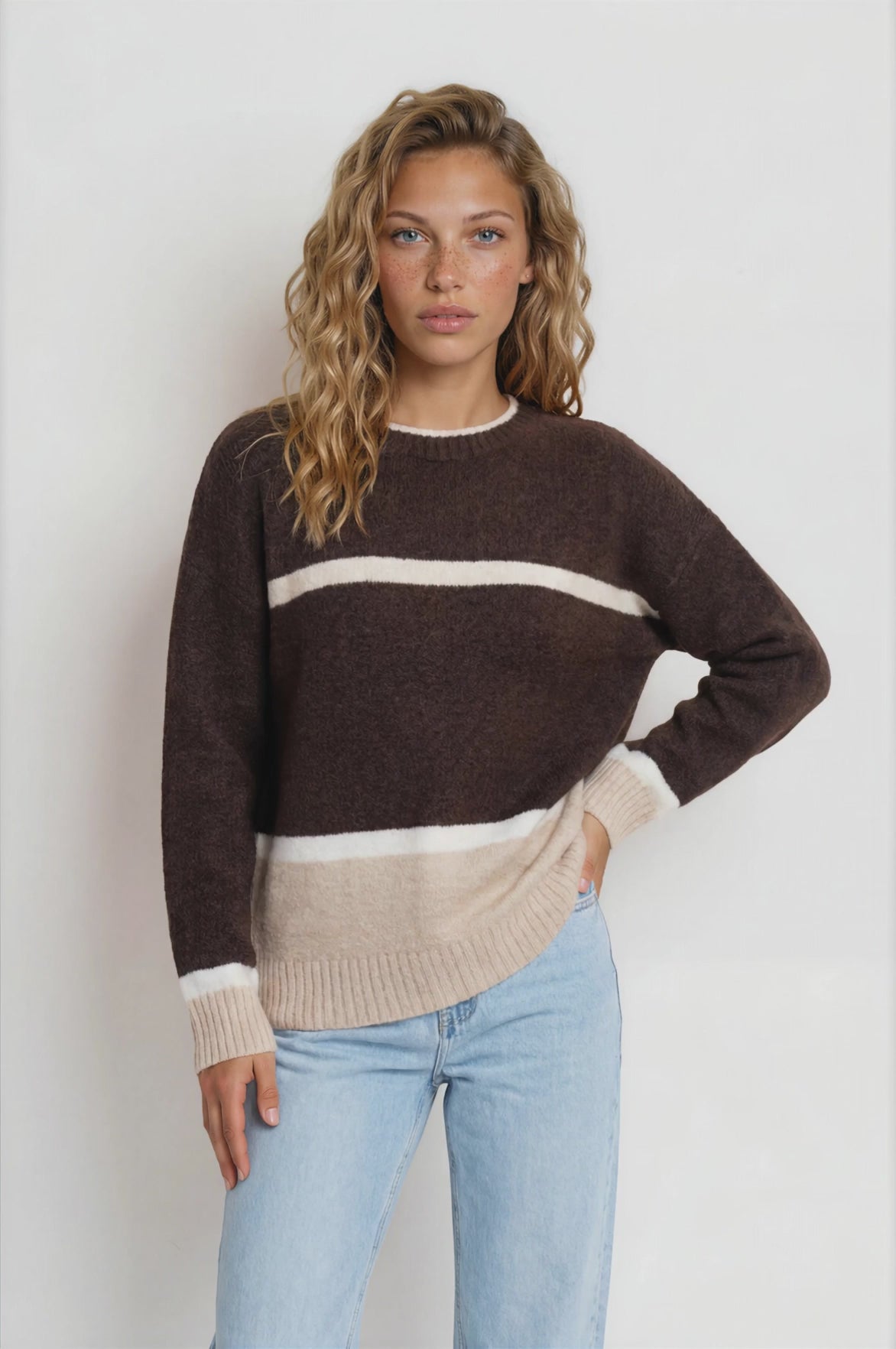 Abbot Jumper - Crew Neck Striped Knit with Ribbed Hemlines in Coffee