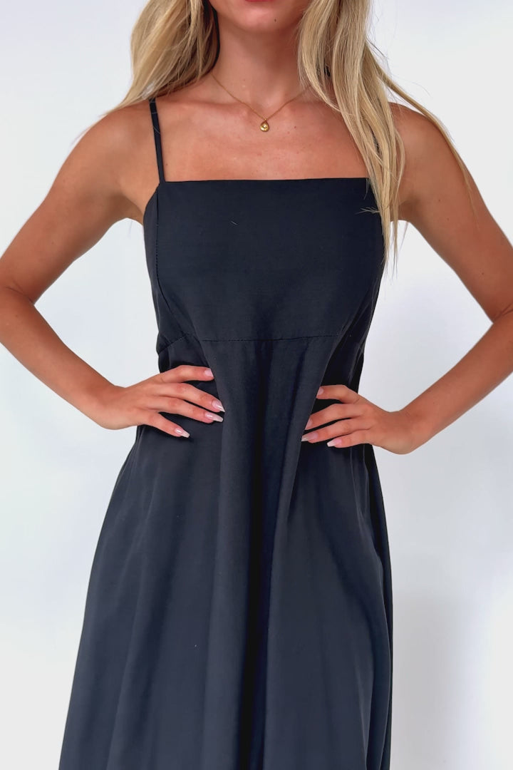 Brigitte Maxi Dress - A-Line Sun Dress with Adjustable Spaghetti Straps in Florence Print Black