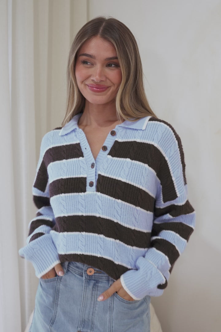 Westley Jumper - Wing Collared Striped Cable Knit with Buttoned Neckline in Blue/Coffee