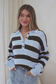 Westley Jumper - Wing Collared Striped Cable Knit with Buttoned Neckline in Blue/Coffee