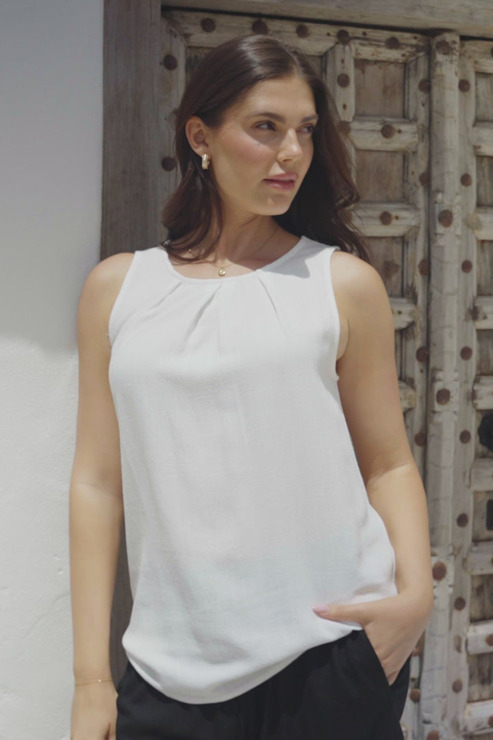 Genevieve Top - Crew Neck Sleeveless Linen Blend Top in White