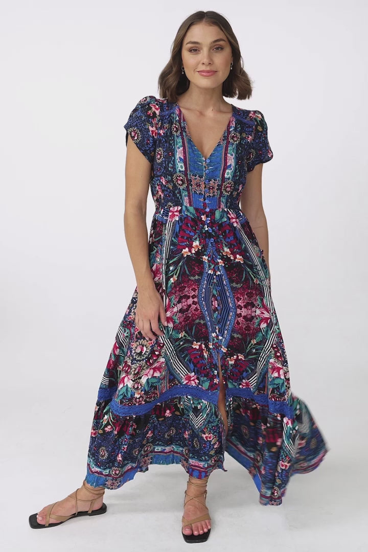 JAASE - Carmen Maxi Dress: Butterfly Cap Sleeve Button Down A Line Dress with Lace Trim in Rocco Print