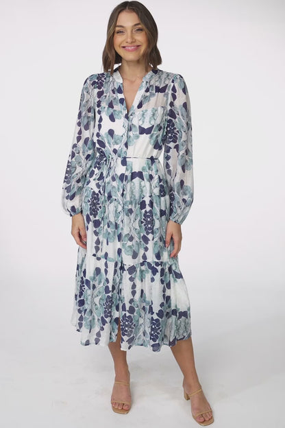 Milie Midi Dress - Mandarin Collar Button Down Dress with Belt in Calea Print Blue