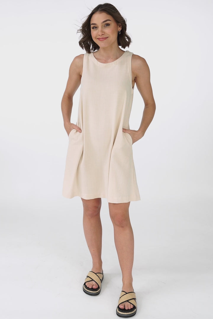 Marcelly Mini Dress - Sleeveless Linen Blend Shift Dress in Cream