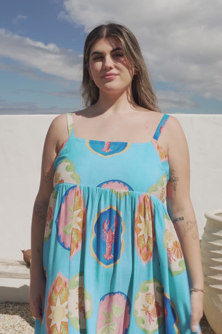 Ariel Maxi Dress - Adjustable Strap High Low Ruffle Hem Sun Dress in Boardwalk Print