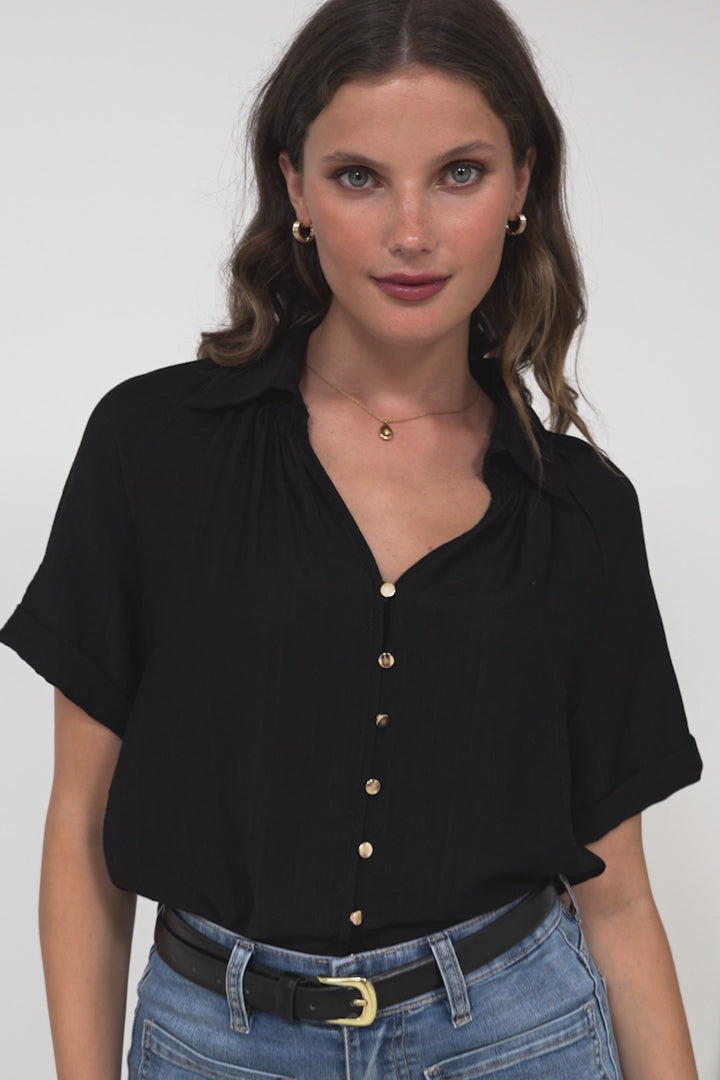 Madge Blouse - Collared Button Down with Short Sleeves in Black