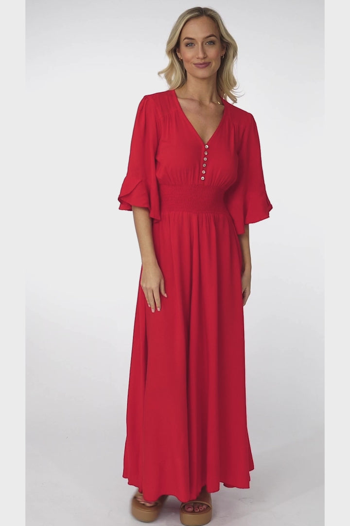 Alba Maxi Dress - Buttoned Bodie A Line Dress With Flute Sleeves In Red
