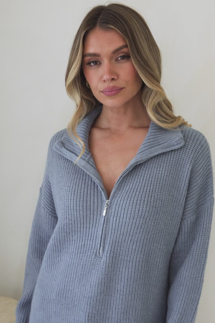 Lorelai Jumper - Chunky Collar with Zipper Detail Long Knit Jumper in Blue