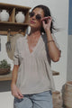 Catha Top - Frill Neckline Empire Bustline Top with Short Balloon Sleeves in Beige
