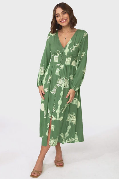 Bello Midi Dress -  Button Through Dress with Balloon Sleeves in Maree Print Green