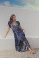 JAASE - Carmen Maxi Dress: Butterfly Cap Sleeve Button Down A Line Dress with Lace Trim in Wild Indigo Print