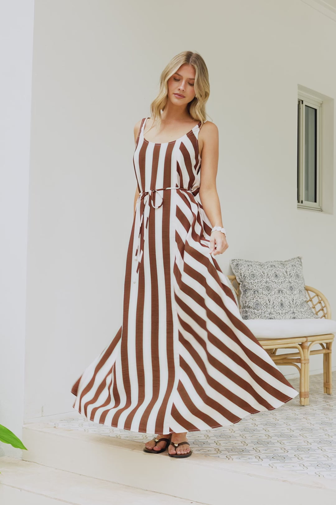 Elianna Maxi Dress - Scoop Neck A Line Dress with Waist Tie in Raiden Stripe