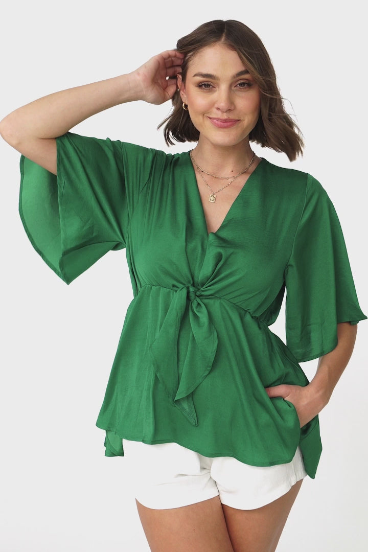 Vera Top - Bow Detailed Blouse with Bell Sleeves in Emerald