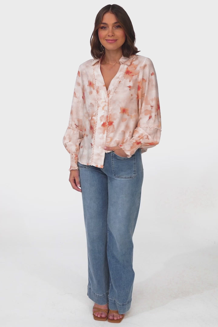 Lucy Blouse - Delicate Splicing and Trim Detailed Button Down Shirt in Helena Print Pink