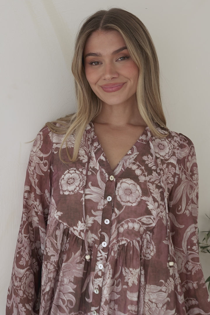 Fiero Blouse - Mandarin Collar Yoke Bust Button Down with Long Sleeves in Pim Print Chocolate