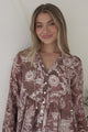 Fiero Blouse - Mandarin Collar Yoke Bust Button Down with Long Sleeves in Pim Print Chocolate