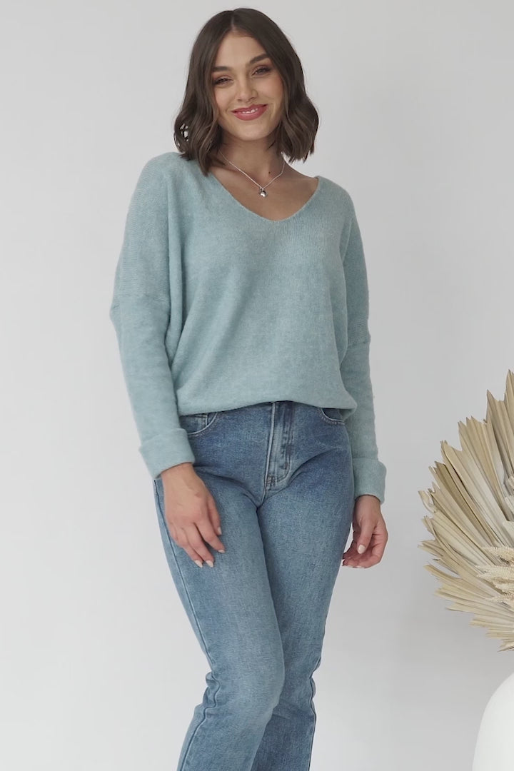 Carol Knit Top - Soft V Neck Batwing Sleeve Knit Top in Water Blue