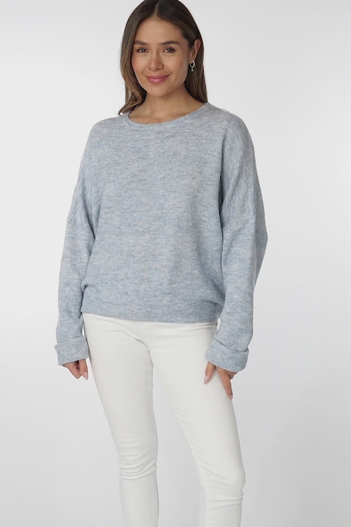 Joanne Knit Top - Crew Neckline Bat Wing Long Sleeve Top in Light Denim