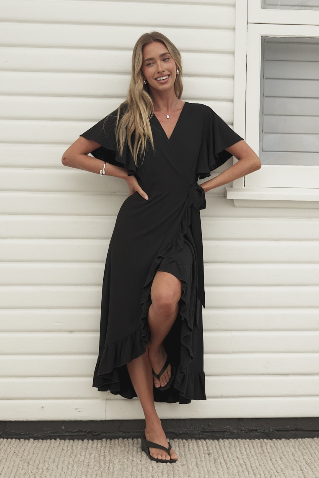 Carolina Midi Dress - V Neck Wrap Dress with Ruffle High Low Hemline in Black