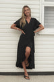 Carolina Midi Dress - V Neck Wrap Dress with Ruffle High Low Hemline in Black