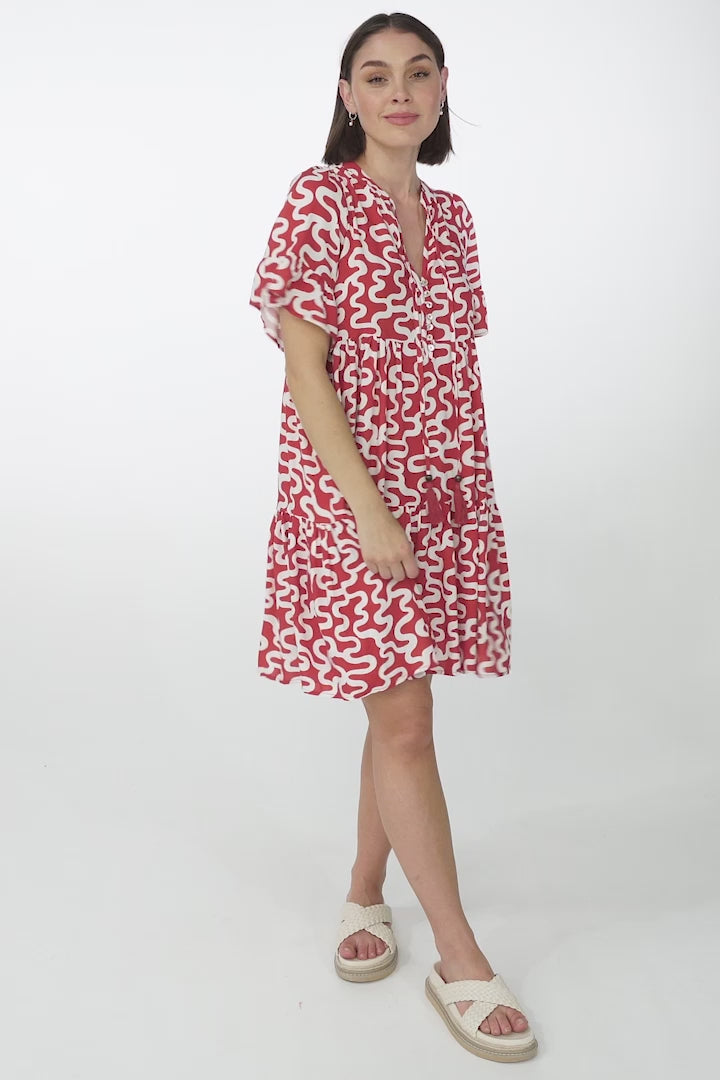 Abilia Mini Dress - Mandarin Collar Buttoned Bodice Smock Dress in Petra Print in Red