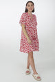 Abilia Mini Dress - Mandarin Collar Buttoned Bodice Smock Dress in Petra Print in Red