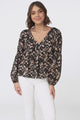 Grace Top - V-Neck Button Decal Long Sleeve Smock Top in Alayna Print Black