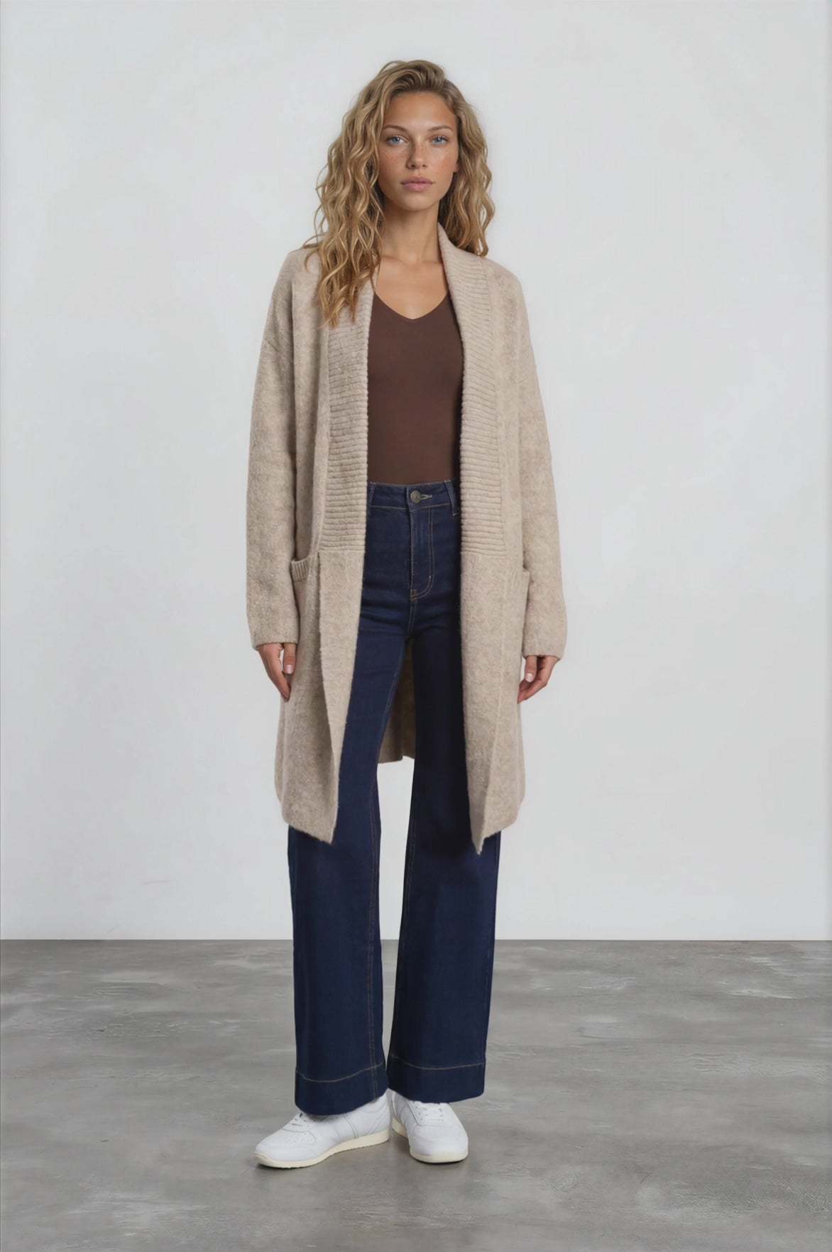 Oswin Cardigan - Open Front Ribbed Shawl Collar Knit with Pockets in Beige