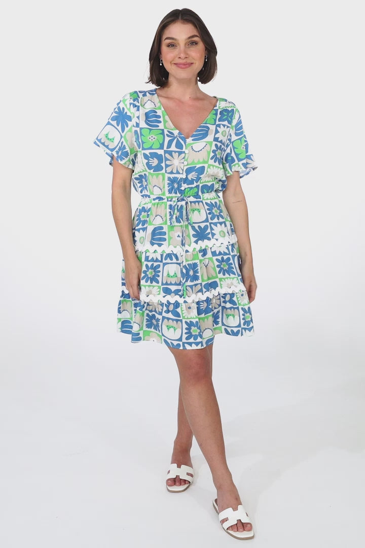 Anica Mini Dress - A Line Tie Waist Dress with Rick Rack Splicing in Nissa Print Blue