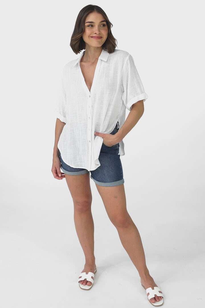 Shelly Shirt - Linen Collared Button Down Shirt in White