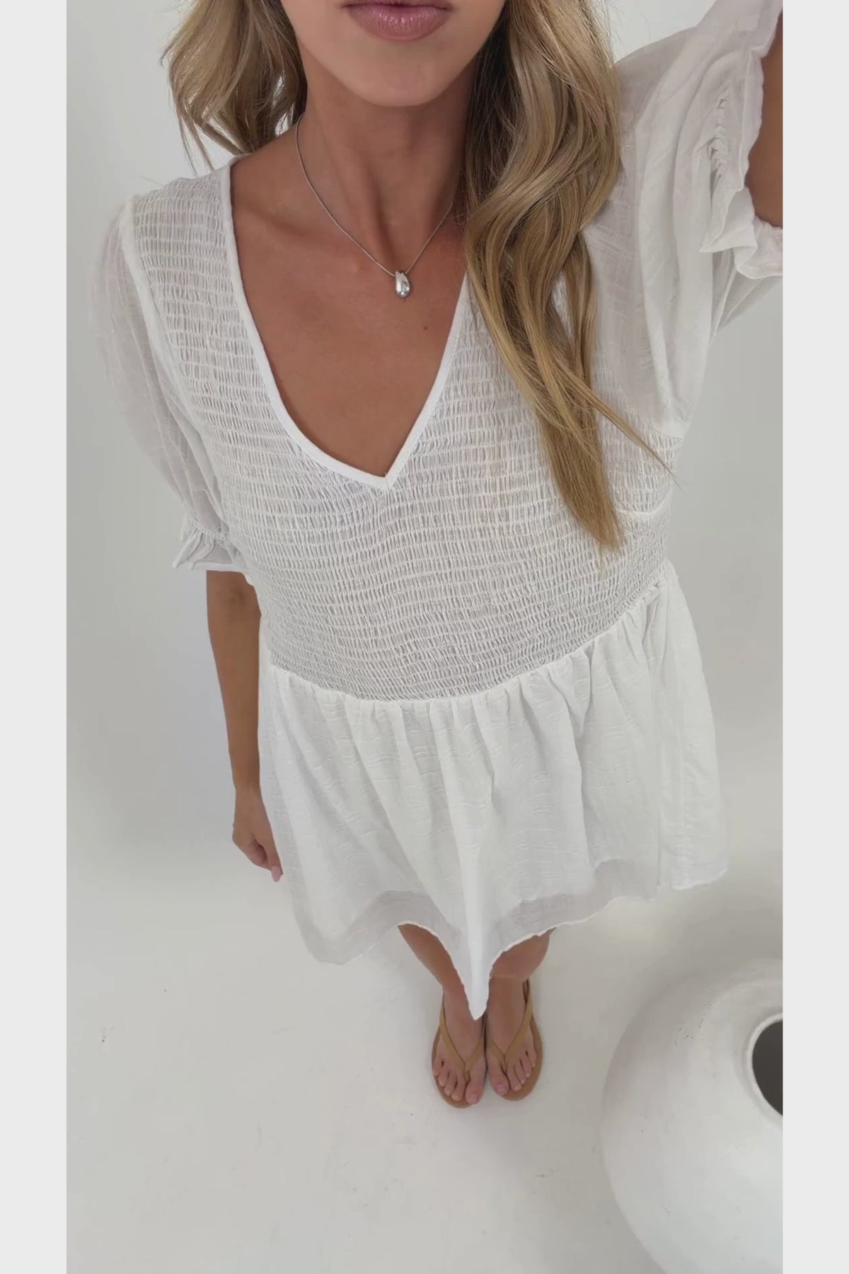 Brissa Mini Dress - V-Neck Shirred Bodice Balloon Sleeve Dress in White