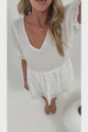 Brissa Mini Dress - V-Neck Shirred Bodice Balloon Sleeve Dress in White