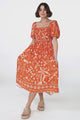 Shira Midi Dress - On Or Off Shoulder Elasticated Bodice Dress With Short Balloon Sleeves In Embry Print Orange