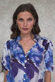 Sylvie Blouse - Pleated Mandarin Collar Button Front Short Sleeve Blouse in Primrose Print Blue
