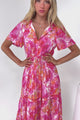 Payton Maxi Dress - Pleat Detailed A-Line Dress with Cap Flutter Sleeves in Florida Print Pink