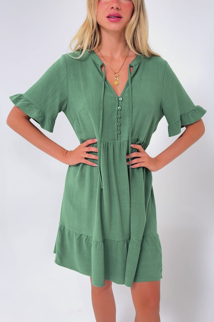 Madalena Mini Dress - Mandarin Collar Buttoned Bodice Smock Dress in Green