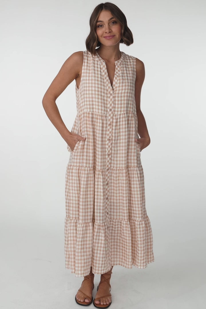 Acelle Midi Dress - Sleeveless Bermuda Collar Button Down Gingham Dress in Beige